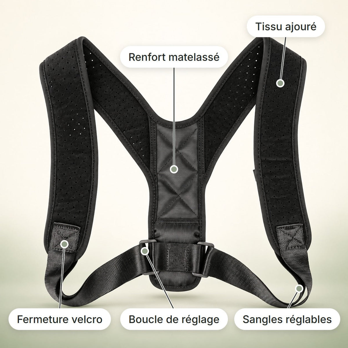 Correcteur de posture OAYL : renfort matelassé, tissu ajouré, fermeture velcro, boucle et sangles réglables