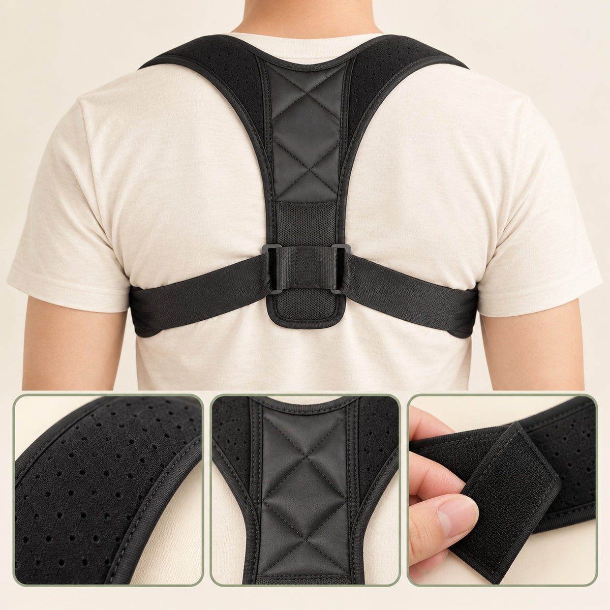 Maintien de posture OAYL porté de dos, avec trois détails : tissu ajouré, renfort dorsal, fermeture velcro Image