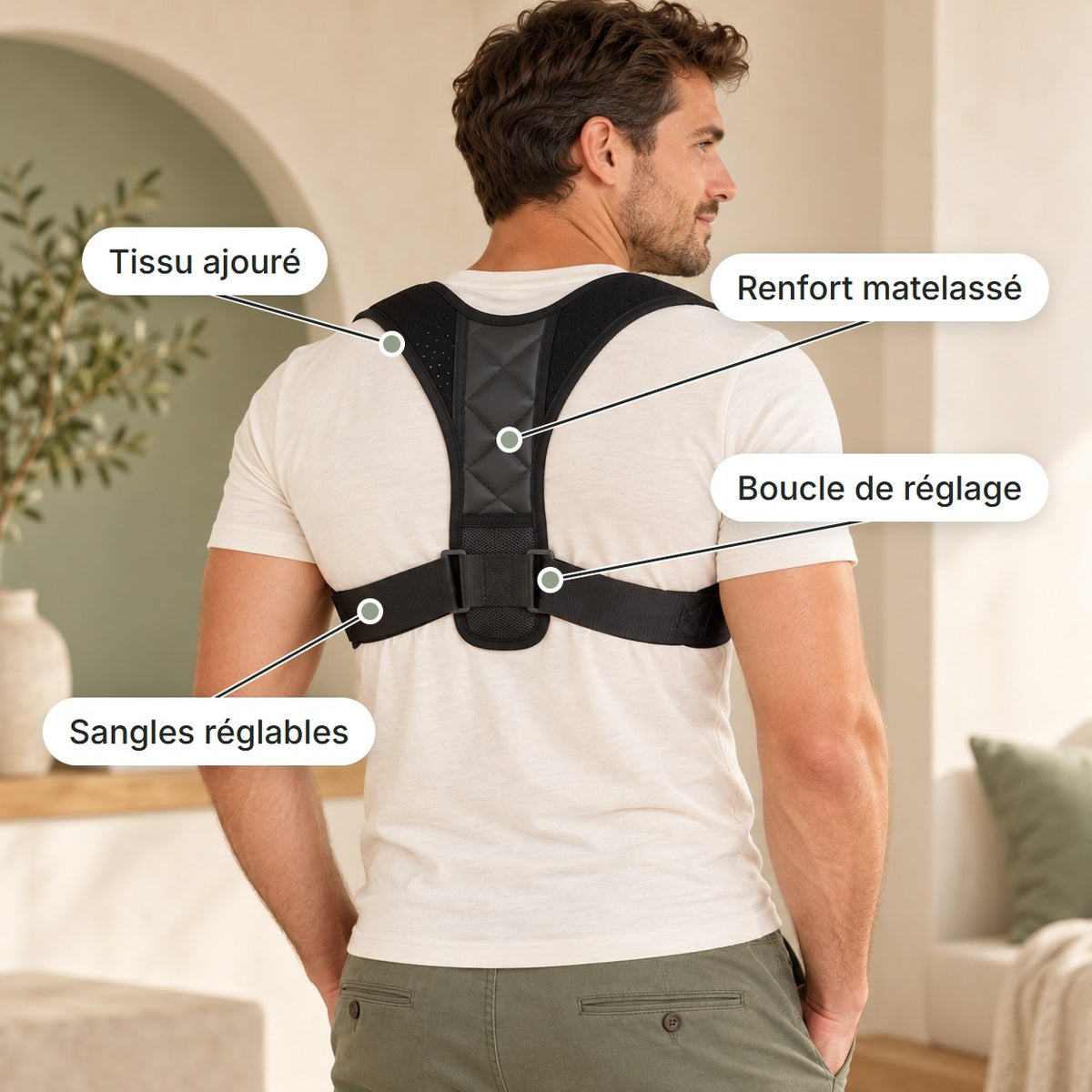 Correcteur de posture OAYL porté de dos : tissu ajouré, renfort matelassé, boucle de réglage, sangles réglables