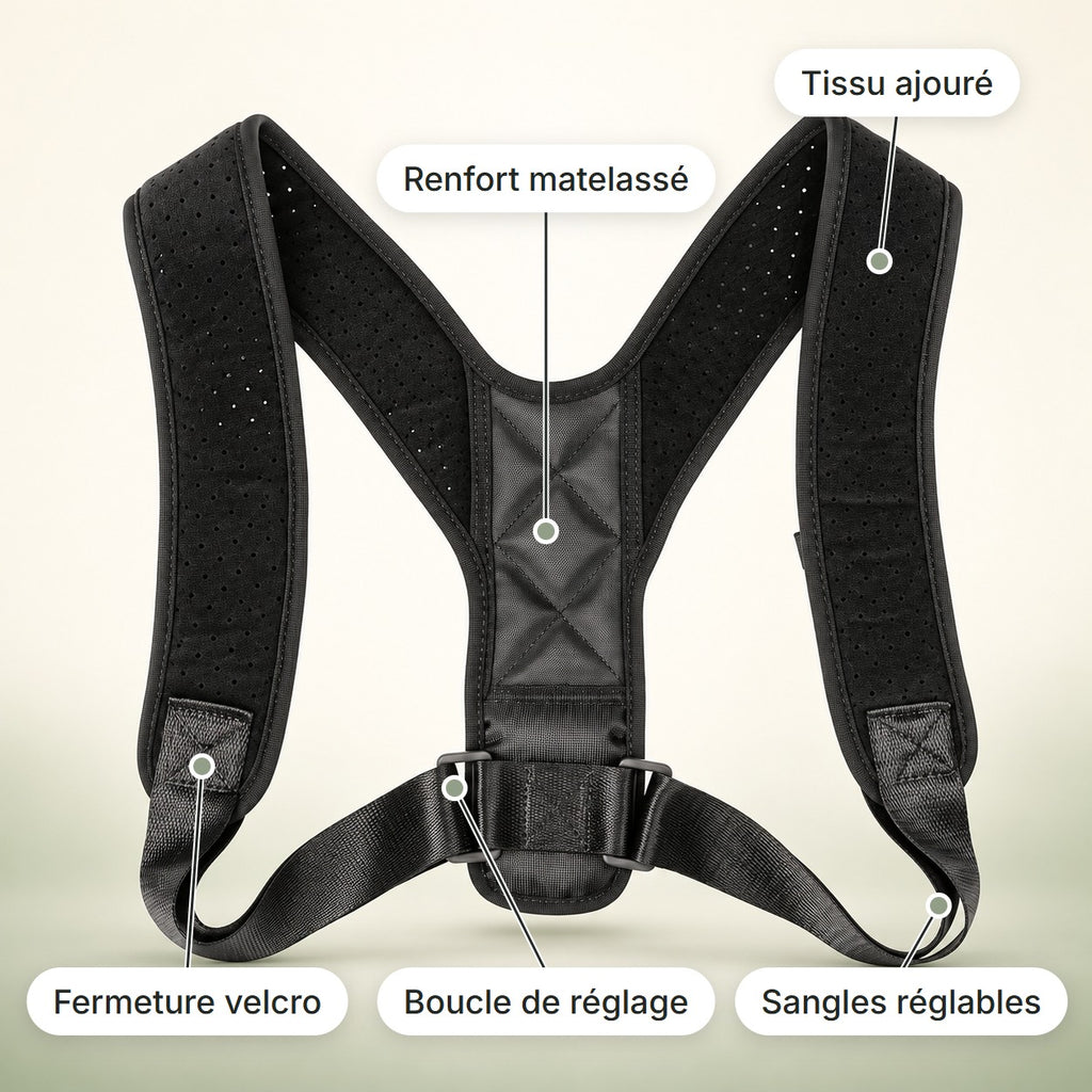 Correcteur de posture OAYL : renfort matelassé, tissu ajouré, fermeture velcro, boucle de réglage, sangles réglables