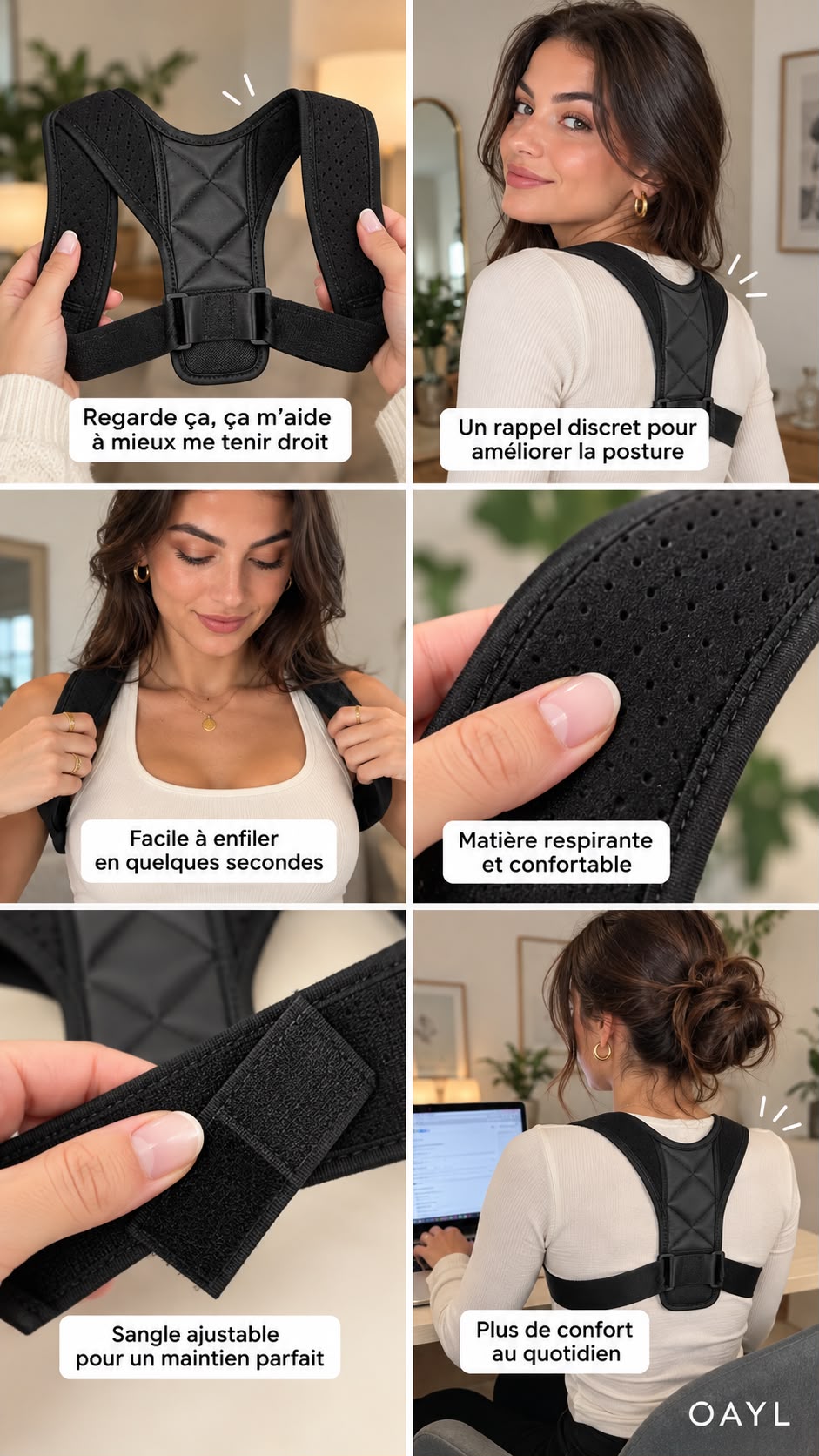 Le correcteur de posture OAYL en six vues : produit, porté de dos, enfilage, tissu ajouré, sangle velcro, porté au bureau Image